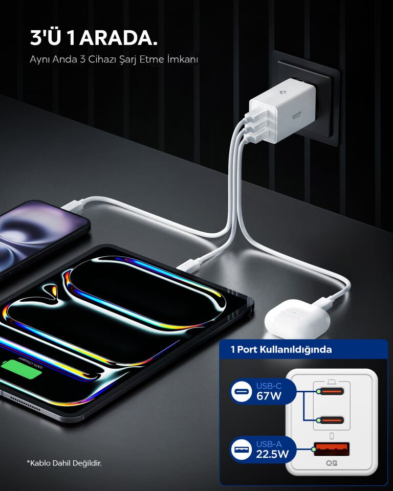 Spigen 67W USB-C + USB-A 3 Port Hızlı Şarj Aleti Samsung PPS 2.0 Isı Düşüren GaN Destekli Akım Korumalı Güç Adaptörü iPhone & Android & iPad & MacBook Type-C White