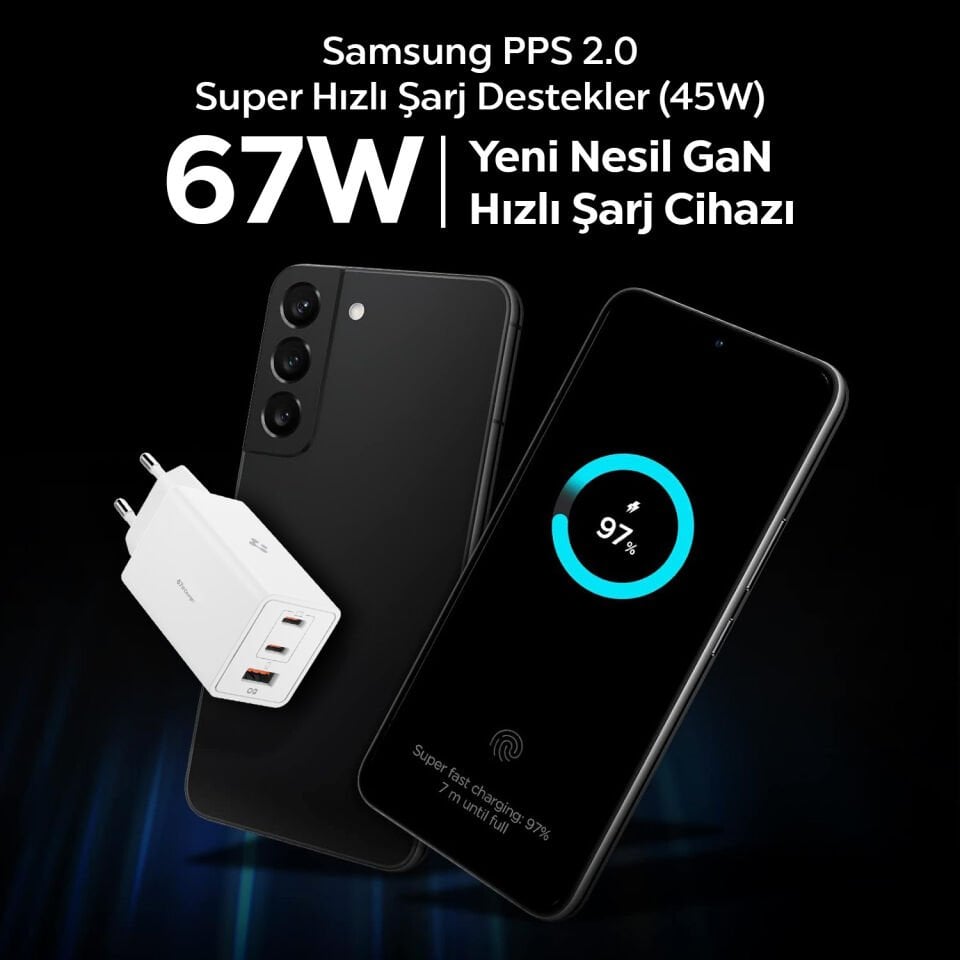 Spigen 67W USB-C + USB-A 3 Port Hızlı Şarj Aleti Samsung PPS 2.0 Isı Düşüren GaN Pro Akım Korumalı PD 3.0 / SCP / FCP Protokol Güç Adaptörü iPhone & Android & iPad & MacBook Type-C White