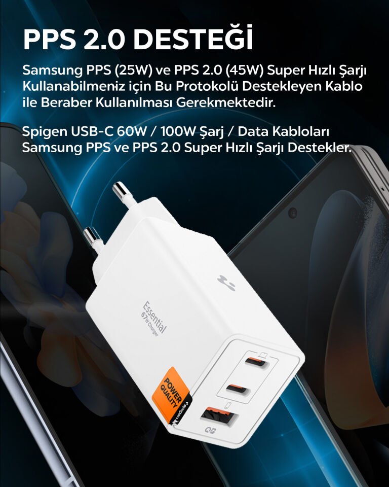 Spigen 67W USB-C + USB-A 3 Port Hızlı Şarj Aleti Samsung PPS 2.0 Isı Düşüren GaN Destekli Akım Korumalı Güç Adaptörü iPhone & Android & iPad & MacBook Type-C White