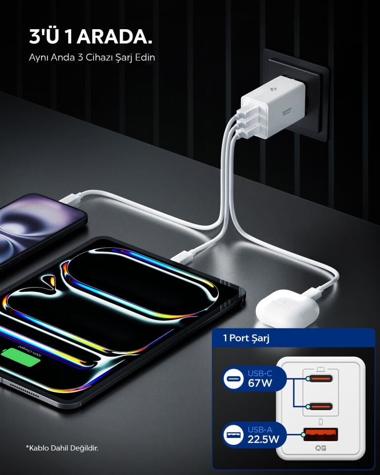 Spigen 67W USB-C + USB-A 3 Port Hızlı Şarj Aleti Samsung PPS 2.0 Isı Düşüren GaN Destekli Akım Korumalı Güç Adaptörü iPhone & Android & iPad & MacBook Type-C White