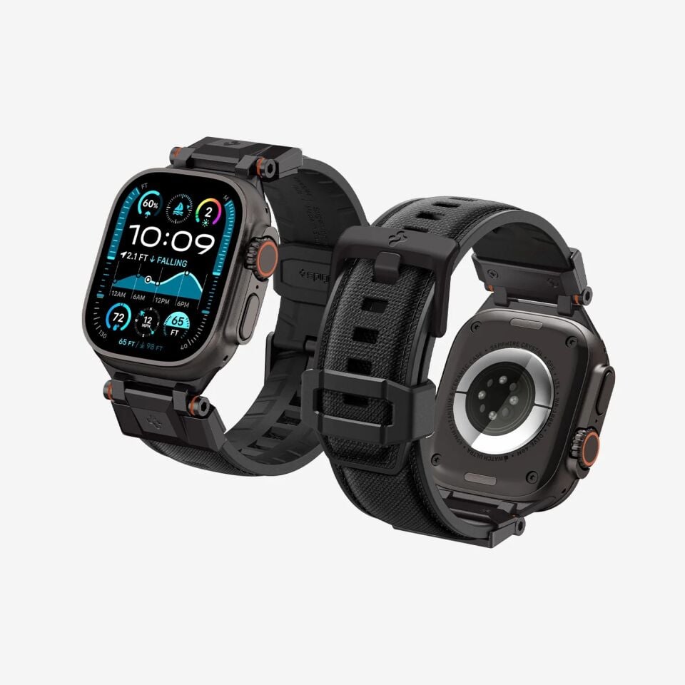 Spigen Apple Watch 49mm Ultra 2/1 - 46mm Seri 10 - 45mm Seri 9/8/7 - 44mm Seri SE/6/5/4 Kordon Kayış Band DuraPro Armor Black Edition