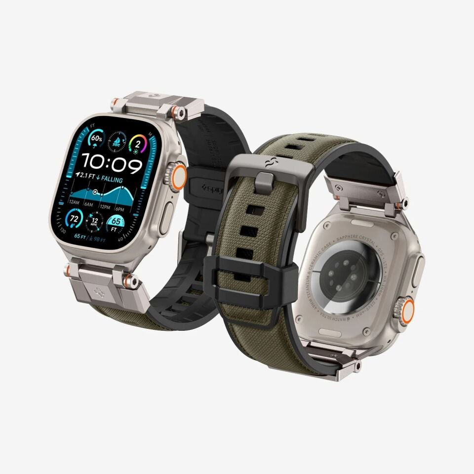 Spigen Apple Watch 49mm Ultra 2/1 - 46mm Seri 10 - 45mm Seri 9/8/7 - 44mm Seri SE/6/5/4 Kordon Kayış Band DuraPro Armor Military Green