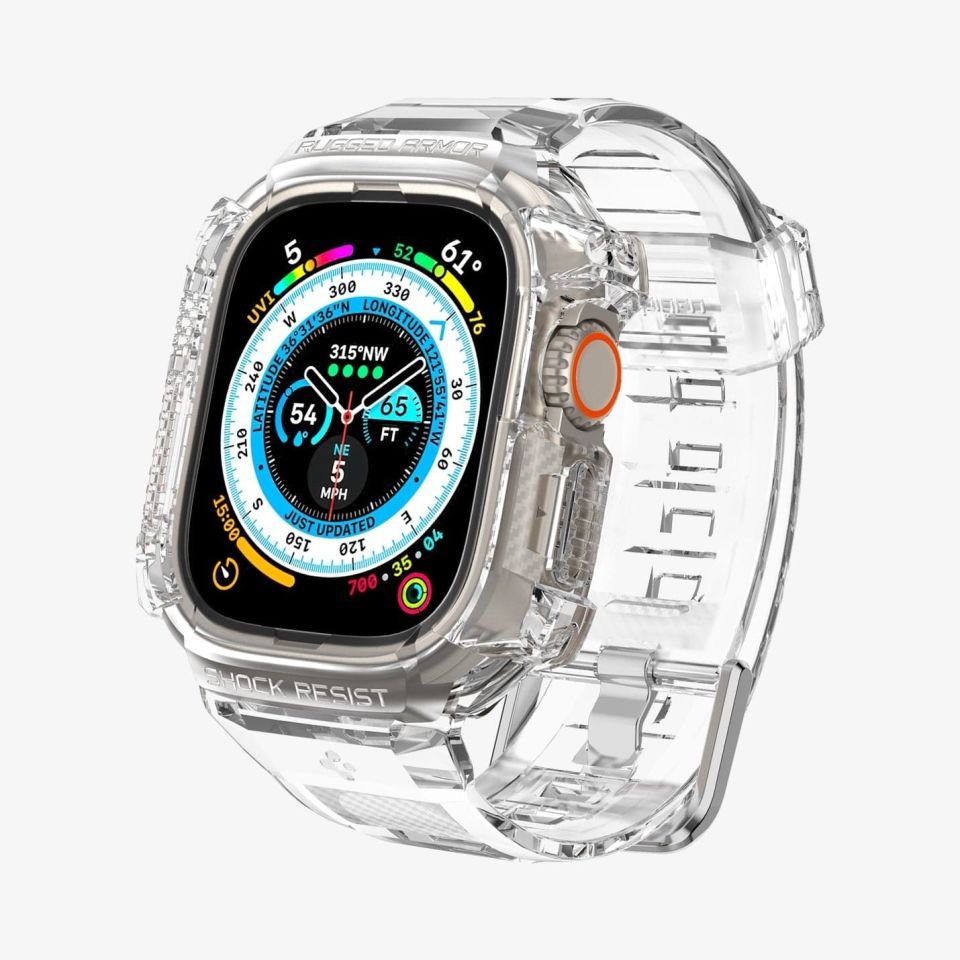 Spigen Apple Watch 49mm (Ultra 2/1) Kılıf & Kordon Kayış Rugged Armor Pro Crystal Clear