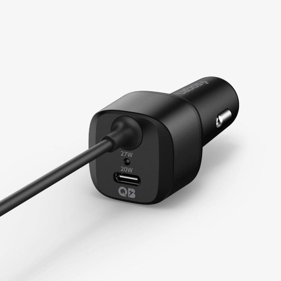 Spigen 47W USB-C 2 Port Araç içi Güç Adaptörü + Lightning Şarj Kablosu - Hızlı Şarj Aleti iPhone & iPad Type-C