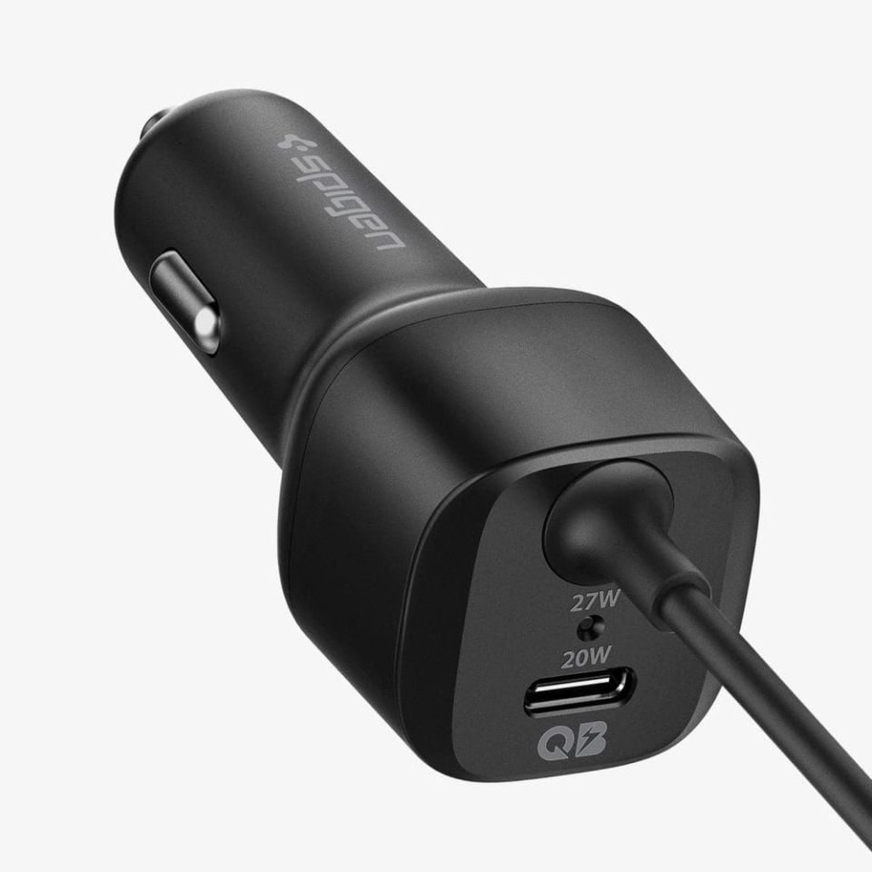 Spigen 47W USB-C 2 Port Araç içi Güç Adaptörü + Lightning Şarj Kablosu - Hızlı Şarj Aleti iPhone & iPad Type-C Black