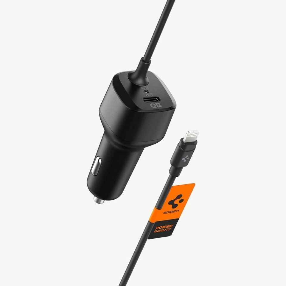 Spigen 47W USB-C 2 Port Araç içi Hızlı Şarj Aleti + Lightning Şarj Kablosu Güç Adaptörü Çakmaklık iPhone & iPad Type-C Black