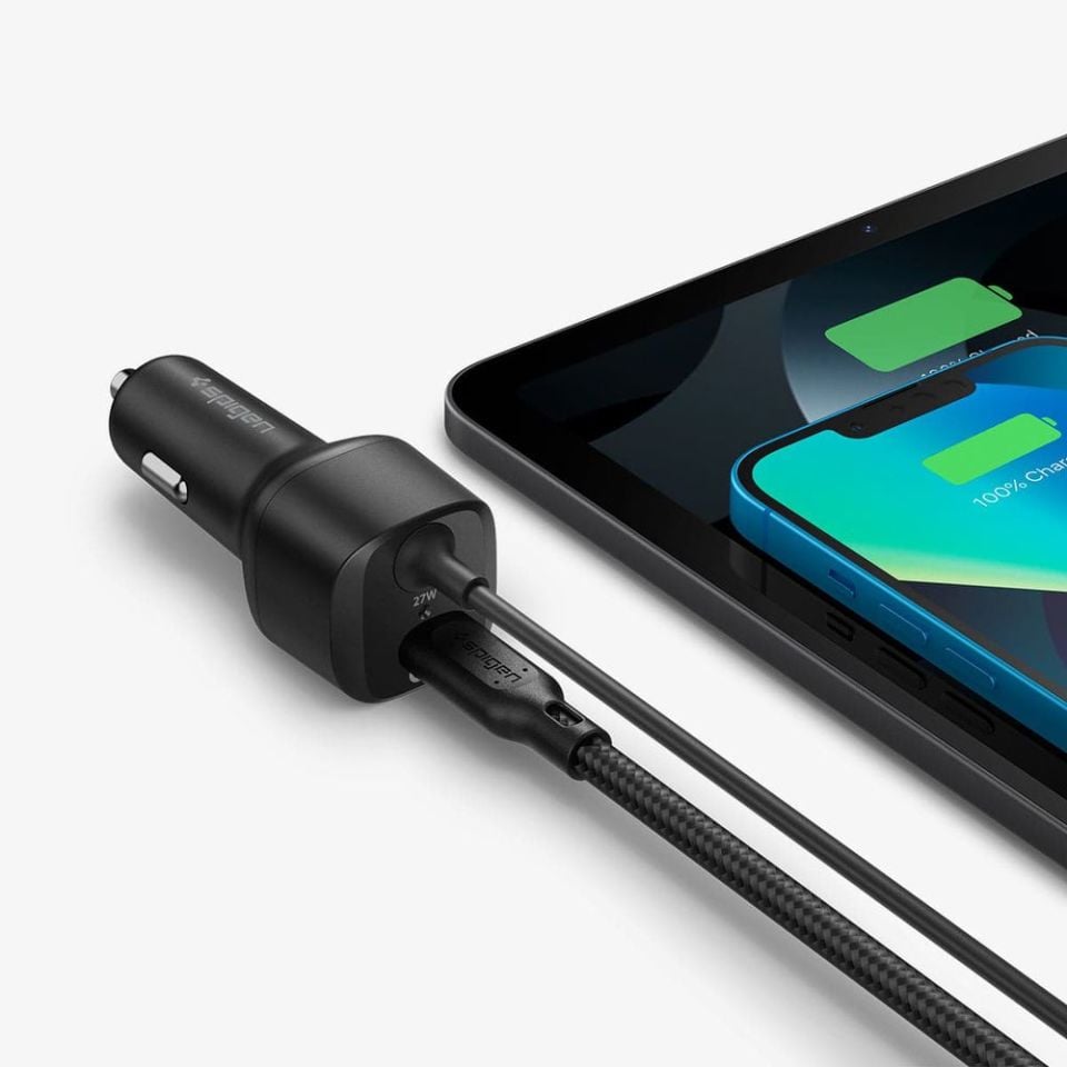 Spigen 47W USB-C 2 Port Araç içi Güç Adaptörü + Lightning Şarj Kablosu - Hızlı Şarj Aleti iPhone & iPad Type-C Black