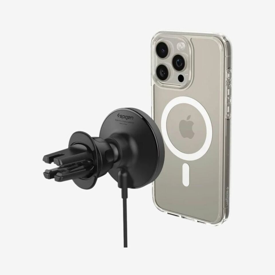 Spigen MagFit Air Vent Araç içi Telefon Tutucu + Manyetik Kablosuz Şarj Cihazı iPhone için MagSafe özellikli OneTap Pro4 Black