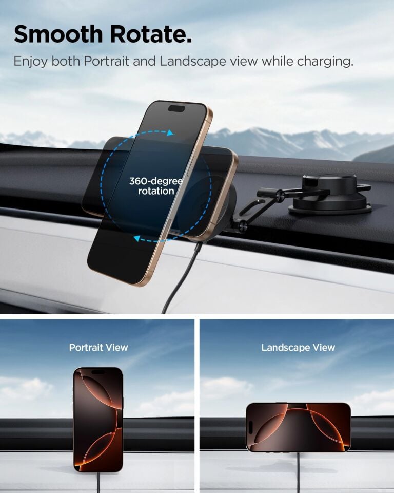 Spigen MagFit Dashboard Araç içi Telefon Tutucu + Manyetik Kablosuz Şarj Cihazı iPhone için MagSafe özellikli OneTap Pro4 Black