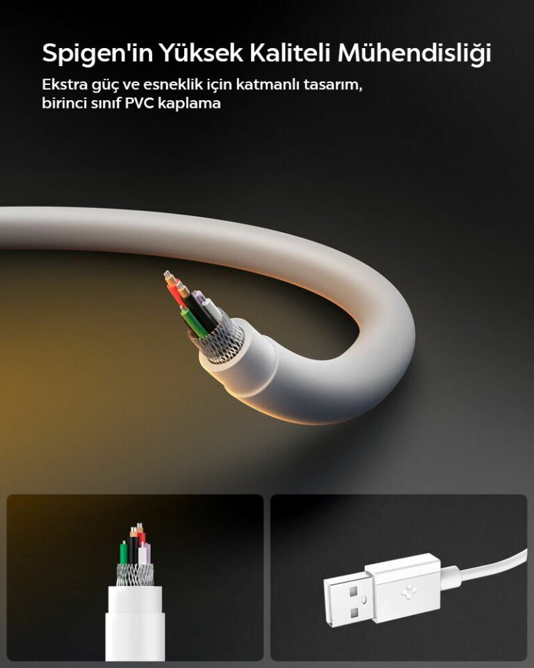 Spigen USB-A to USB-C 1 Metre Kablo 60W Güç / Hızlı Şarj / 480 Mbps Data Aktarım Hızı Type-C Ekstra Dayanıklı White