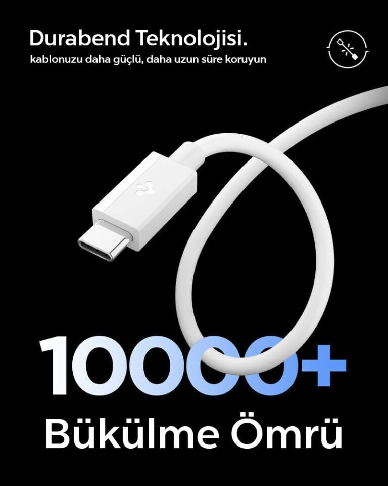 Spigen USB-A to USB-C 2 Metre Kablo 60W Güç / Hızlı Şarj / 480 Mbps Data Aktarım Hızı Type-C Ekstra Dayanıklı White