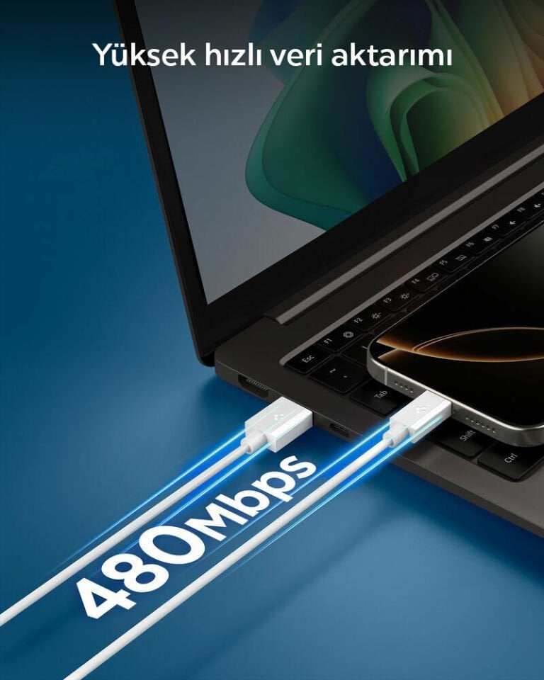 Spigen USB-A to USB-C 2 Metre Kablo 60W Güç / Hızlı Şarj / 480 Mbps Data Aktarım Hızı Type-C Ekstra Dayanıklı White