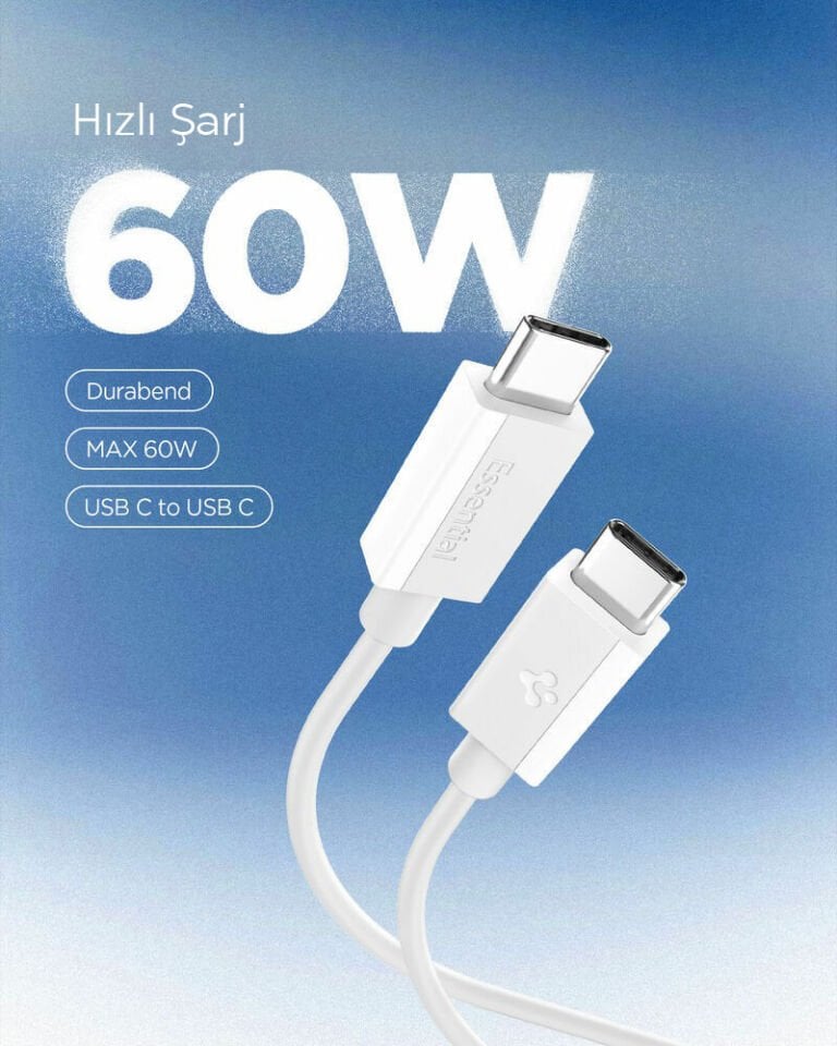 Spigen USB-C to USB-C 1 Metre Kablo 60W Güç / PPS 2.0 Super Hızlı Şarj / 480 Mbps Data Aktarım Hızı Type-C Ekstra Dayanıklı White
