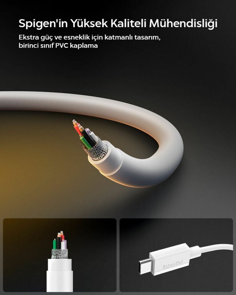 Spigen USB-C to USB-C 1 Metre Kablo 60W Güç / PPS 2.0 Super Hızlı Şarj / 480 Mbps Data Aktarım Hızı Type-C Ekstra Dayanıklı White