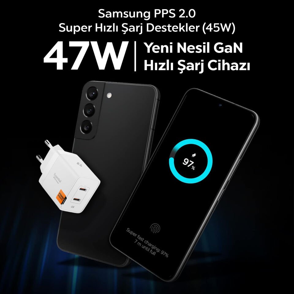 Spigen 47W USB-C 2 Port Mini Hızlı Şarj Aleti Samsung PPS 2.0 / Isı Düşürücü GaN Pro Akım Korumalı PD 3.0 / SCP / FCP Protokol Güç Adaptörü iPhone & Android & iPad & MacBook Type-C