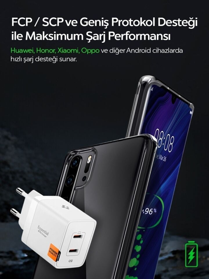 Spigen 47W USB-C 2 Port Mini Hızlı Şarj Aleti Samsung PPS 2.0 / Isı Düşürücü GaN Pro Akım Korumalı PD 3.0 / SCP / FCP Protokol Güç Adaptörü iPhone & Android & iPad & MacBook Type-C