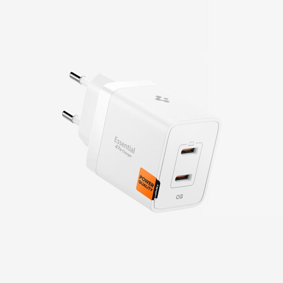 Spigen 47W USB-C 2 Port Mini Hızlı Şarj Aleti Samsung PPS 2.0 / Isı Düşürücü GaN Pro Destekli Akım Korumalı Güç Adaptörü iPhone & Android & iPad & MacBook Type-C White