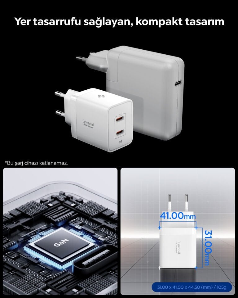 Spigen 47W USB-C 2 Port Mini Hızlı Şarj Aleti Samsung PPS 2.0 / Isı Düşürücü GaN Destekli Akım Korumalı Güç Adaptörü iPhone & Android & iPad & MacBook Type-C White