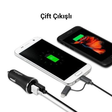 Spigen 30W USB-A 2 Port Araç içi Güç Adaptörü - Hızlı Şarj Aleti iPhone & Android & iPad QC 3.0 18W + iP 12W