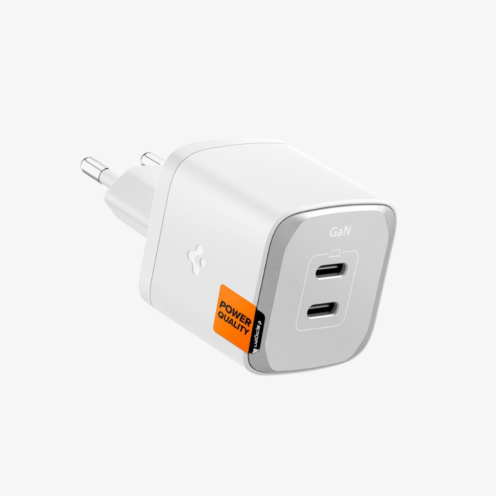 Spigen 45W USB-C 2 Port Mini Hızlı Şarj Aleti Samsung PPS 2.0 / Isı Düşürücü GaN III Akım Korumalı PD 3.0 Protokol Güç Adaptörü iPhone & Android & iPad & MacBook Type-C PE2203 White