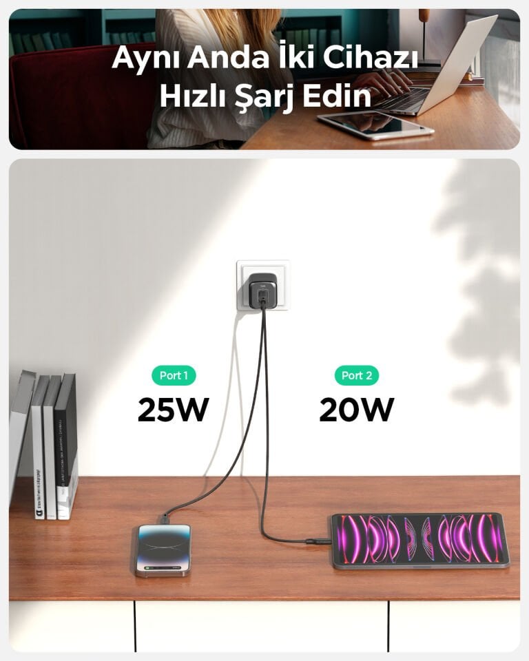 Spigen 45W USB-C 2 Port Mini Hızlı Şarj Aleti Samsung PPS 2.0 / Isı Düşürücü GaN III Destekli Akım Korumalı Güç Adaptörü iPhone & Android & iPad & MacBook Type-C PE2203 Blue