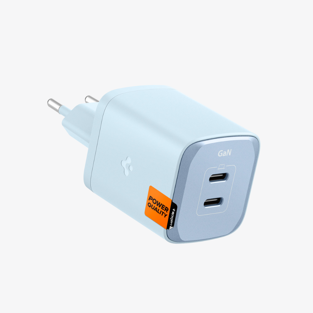 Spigen 65W USB-C 2 Port Mini Hızlı Şarj Aleti Samsung PPS 2.0 / Isı Düşürücü GaN III Akım Korumalı PD 3.0 Protokol Güç Adaptörü iPhone & Android & iPad & MacBook Type-C PE2204 Blue