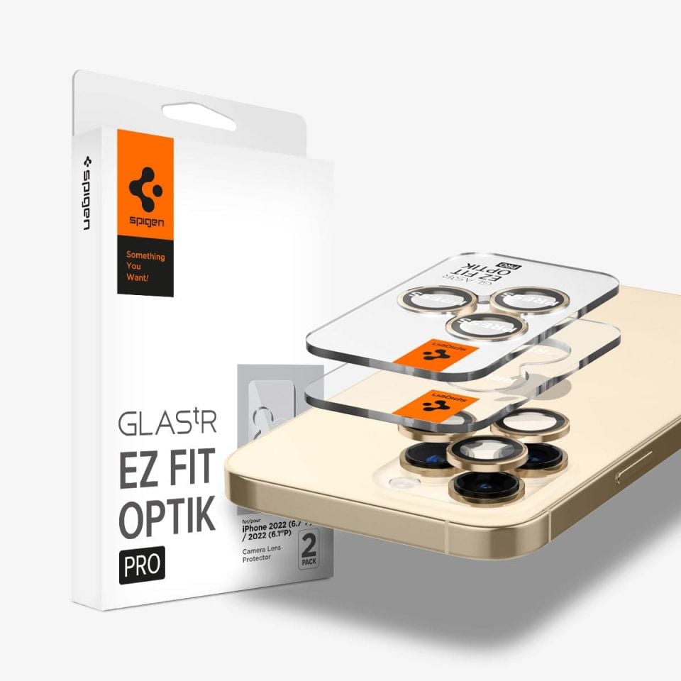 Spigen iPhone 16 Pro Max / 16 Pro / 15 Pro Max / 15 Pro / 14 Pro Max / 14 Pro Kamera Lens Camı Koruyucu Glas.tR EZ Fit Optik Pro (2 Adet) Gold