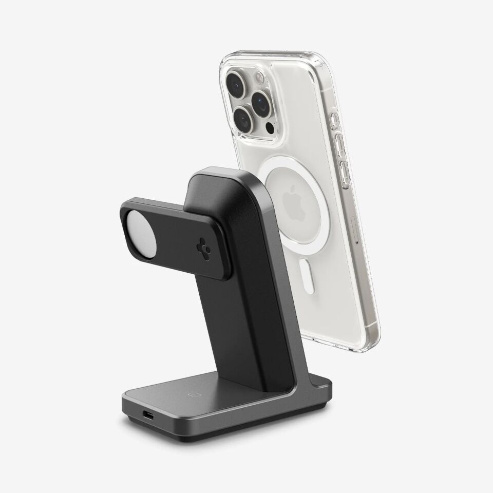 Spigen 15W 3\'ü 1 Arada Kablosuz Şarj Standı iPhone & Apple Watch & AirPods Qi2 Destekli MagSafe Özellikli MagFit OneTap Pro 3 3-in-1 Wireless Dock