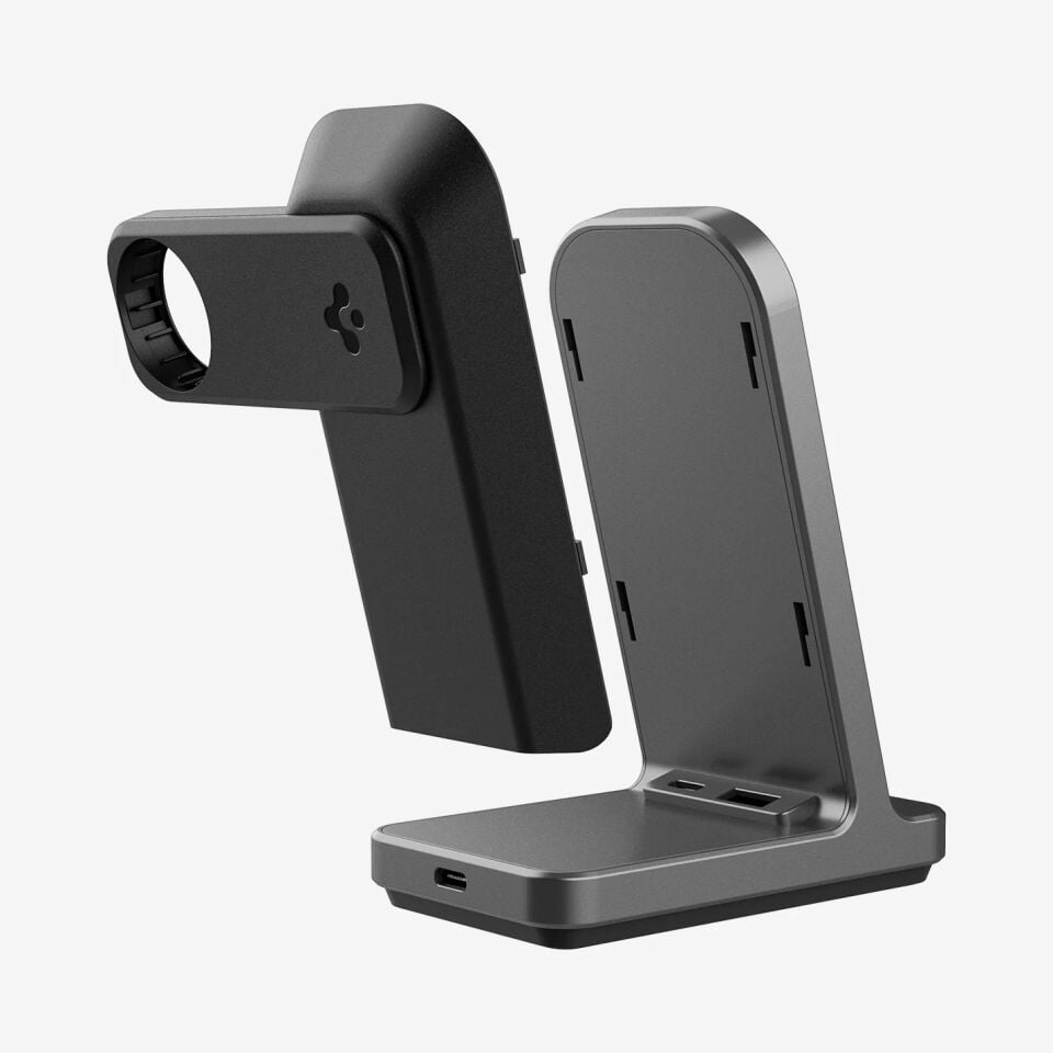 Spigen 15W 3\'ü 1 Arada Kablosuz Şarj Standı iPhone & Apple Watch & AirPods Qi2 Destekli MagSafe Özellikli MagFit OneTap Pro 3 3-in-1 Wireless Dock