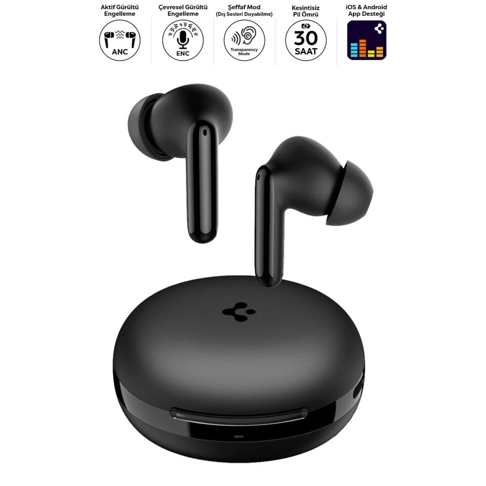 Spigen Audio TWS S10 Bluetooth Kablosuz Kulaklık - ANC Aktif Gürültü Engelleme + ENC 6 Mikrofon - 10mm Sürücü - 30 Saat Pil - iOS & Android EQ App Şeffaf & Gaming Mod iPX4 Black