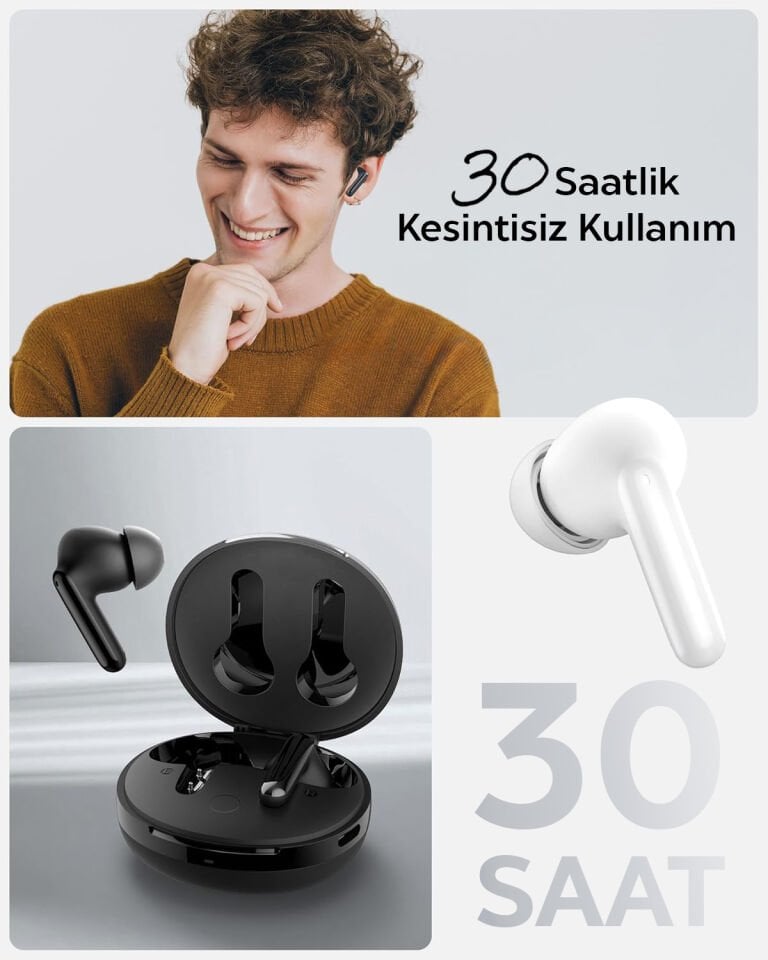 Spigen Audio TWS S10 Bluetooth Kablosuz Kulaklık - ANC Aktif Gürültü Engelleme + ENC 6 Mikrofon - 10mm Sürücü - 30 Saat Pil - iOS & Android EQ App Şeffaf & Gaming Mod iPX4 White
