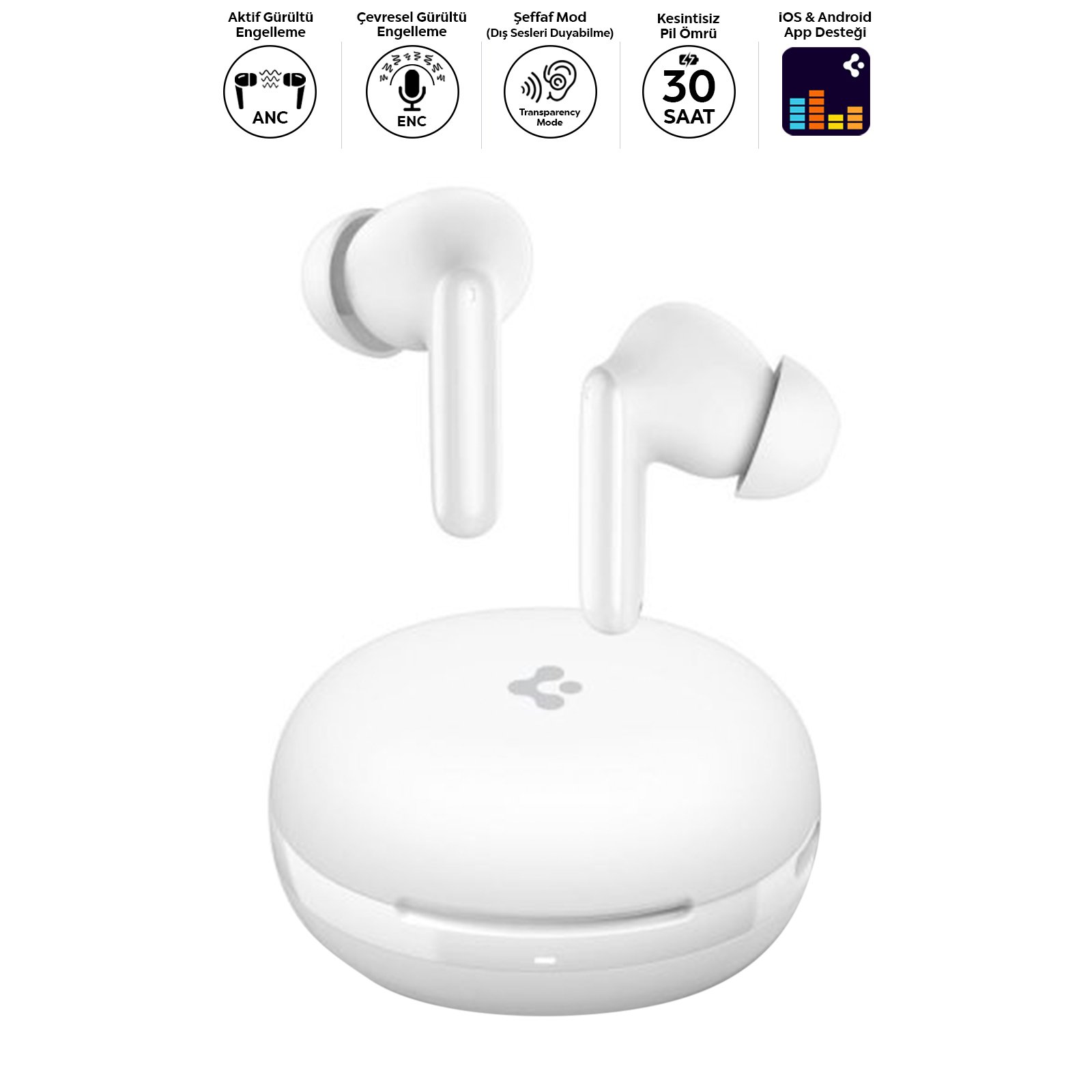 Spigen Audio TWS S10 Bluetooth Kablosuz Kulaklık - ANC Aktif Gürültü Engelleme + ENC 6 Mikrofon - 10mm Sürücü - 30 Saat Pil - iOS & Android EQ App Şeffaf & Gaming Mod iPX4 White