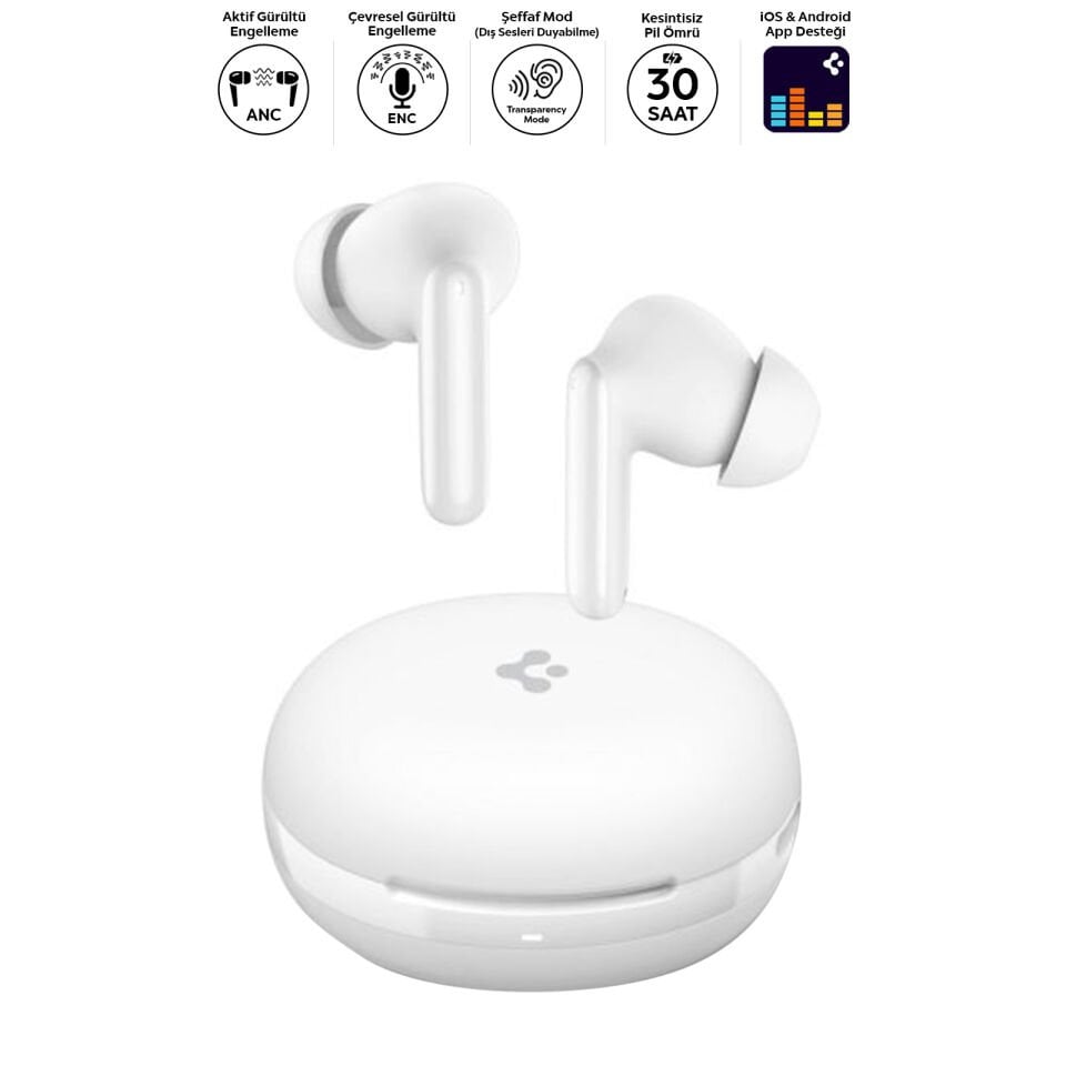 Spigen Audio TWS S10 Bluetooth Kablosuz Kulaklık - ANC Aktif Gürültü Engelleme + ENC 6 Mikrofon - 10mm Sürücü - 30 Saat Pil - iOS & Android EQ App Şeffaf & Gaming Mod iPX4 White