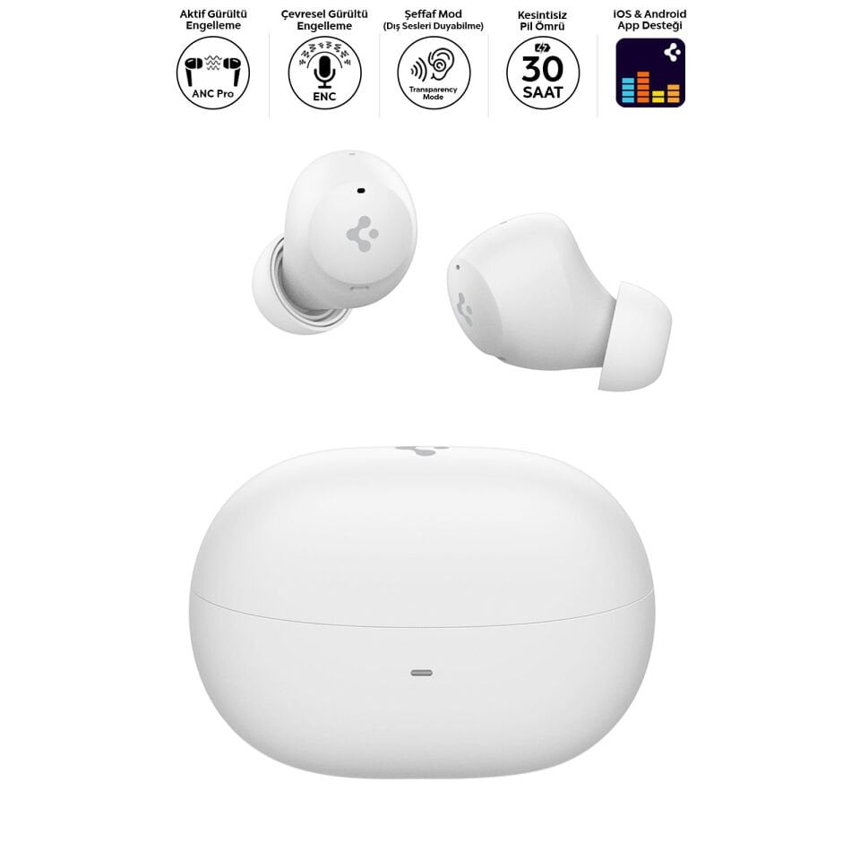 Spigen Audio TWS P10 Bluetooth Kablosuz Kulaklık - ANC Pro Aktif Gürültü Engelleme + ENC 6 Mikrofon - 10mm Sürücü - 30 Saat Pil - iOS & Android EQ App Şeffaf & Gaming Mod iPX4 White