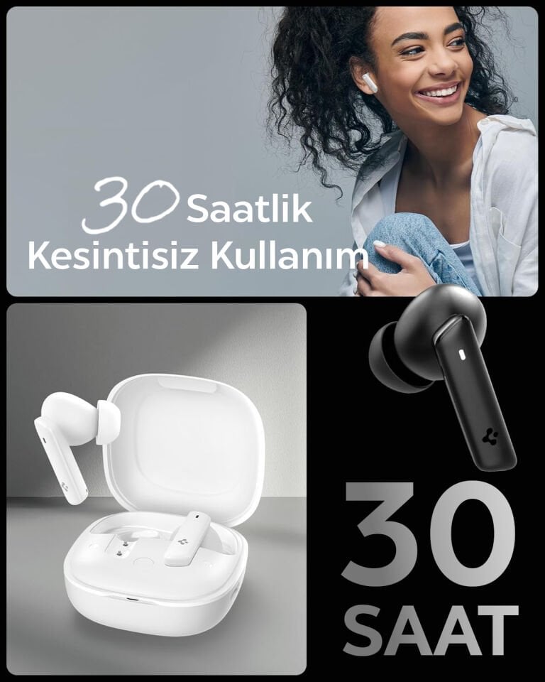 Spigen Audio TWS P20 Bluetooth Kablosuz Kulaklık - ANC Pro Aktif Gürültü Engelleme + ENC 6 Mikrofon - 10mm LCP Graphene Sürücü - 30 Saat iOS & Android EQ App Şeffaf & Gaming Mod iPX5