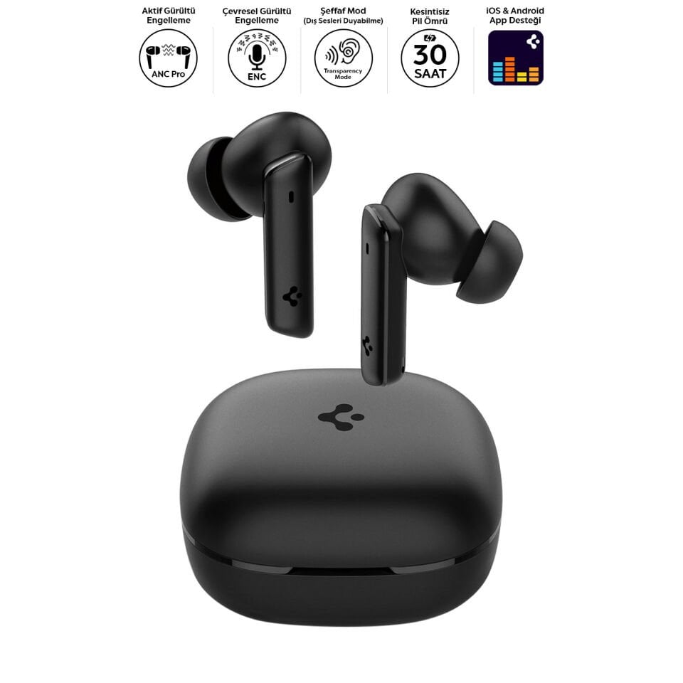 Spigen Audio TWS P20 Bluetooth Kablosuz Kulaklık - ANC Pro Aktif Gürültü Engelleme + ENC 6 Mikrofon - 10mm LCP Graphene Sürücü - 30 Saat iOS & Android EQ App Şeffaf & Gaming Mod iPX5 Black