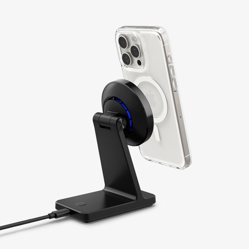 Spigen MagFit Stand Manyetik Kablosuz Şarj Cihazı / Özel Fanlı Isı Düşürücü iPhone için MagSafe özellikli Cryomax OneTap Pro 3 S310WC Black