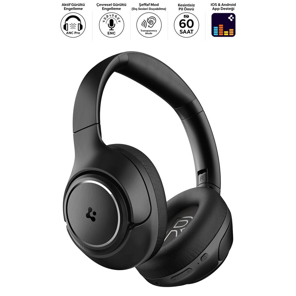 Spigen Audio Kulak Üstü P10 Bluetooth Kablosuz Kulaklık - ANC Pro Aktif Gürültü Engelleme + ENC 5 Mikrofon - 40mm Titanyum Sürücü - 60 Saat Pil - iOS & Android EQ App Şeffaf & Gaming Mod Black