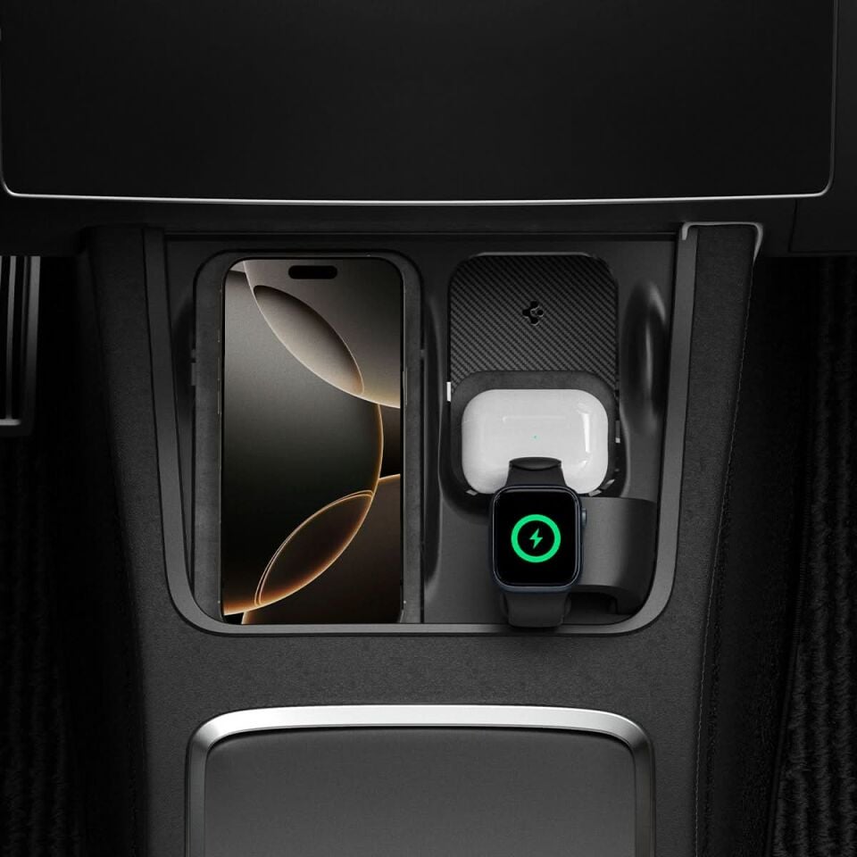 Spigen Tesla Model Y (2024-2023) & Model 3 (2023) Orta Konsol Kablosuz Şarj Bölmesi Düzenleyici 3 in 1 Hub (USB-C Şarj Kablosu Dahil, Watch Şarjı Dahil Değil) TO272 Black