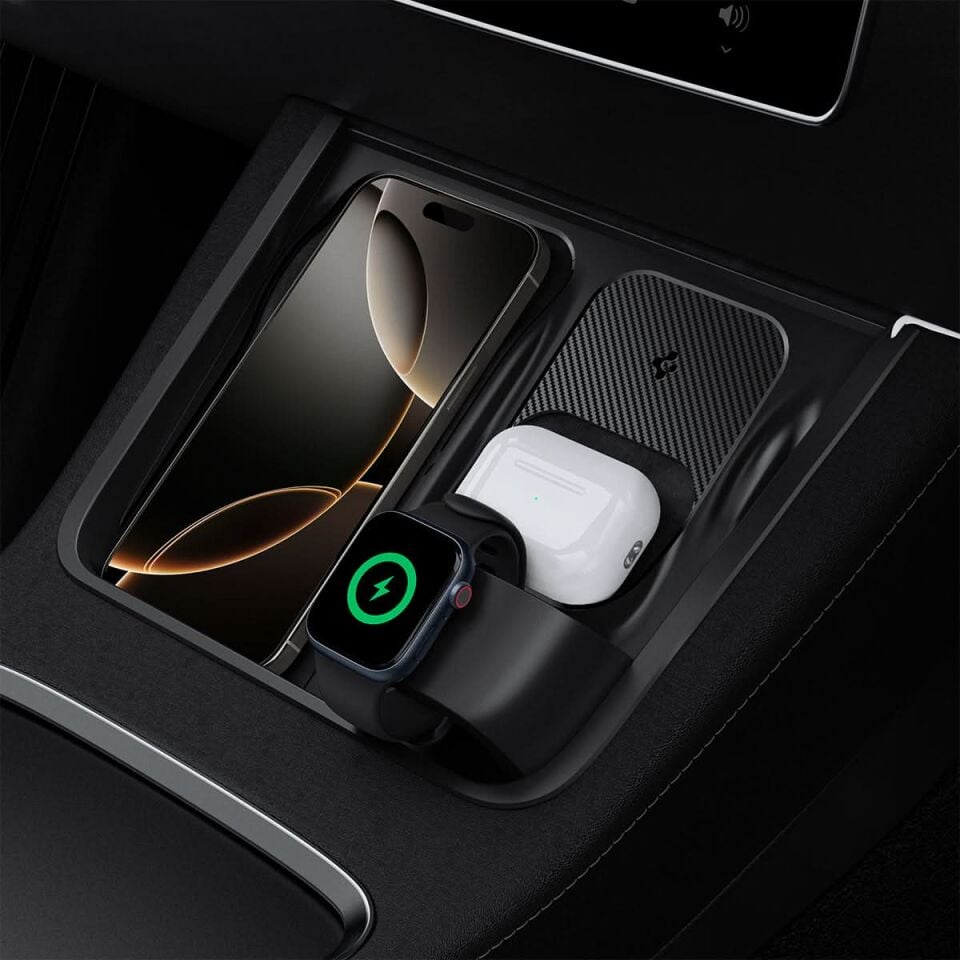 Spigen Tesla Model Y (2024-2023) & Model 3 (2023) Orta Konsol Kablosuz Şarj Bölmesi Düzenleyici 3 in 1 Hub (USB-C Şarj Kablosu Dahil, Watch Şarjı Dahil Değil) TO272 Black