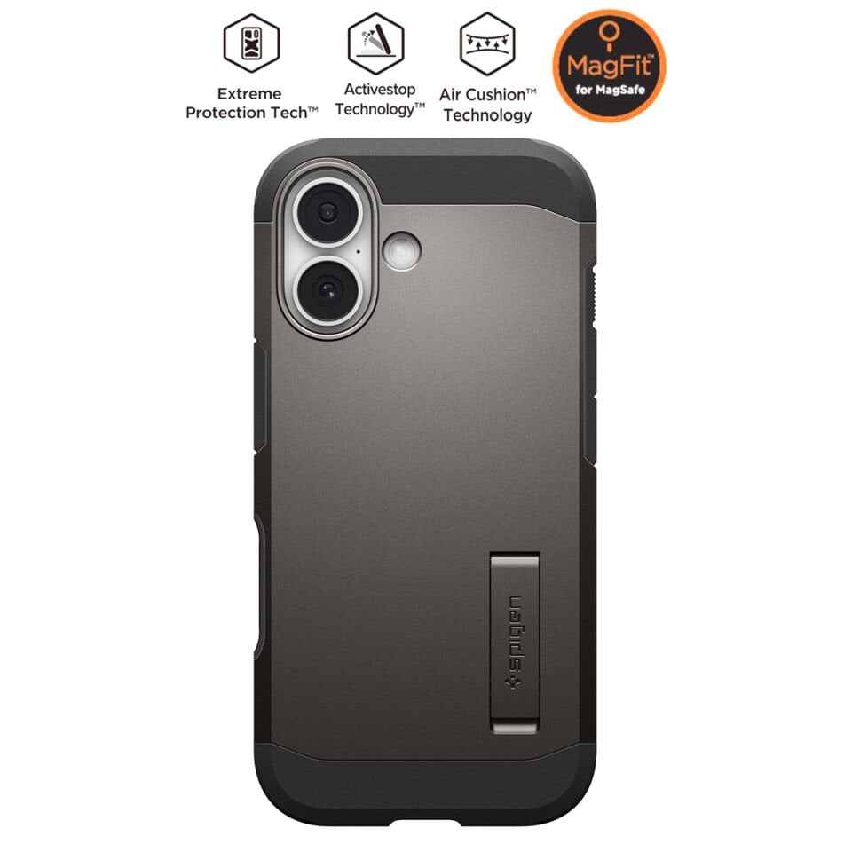 Spigen iPhone 17 Ekstra Dayanıklı MagSafe Kılıf Tough Armor Ai T Force Kamera Butonu Hava Kanalı Teknolojisi™ Askeri Sınıf Koruma MagFit KickStand'lı Çift Katman Kapak