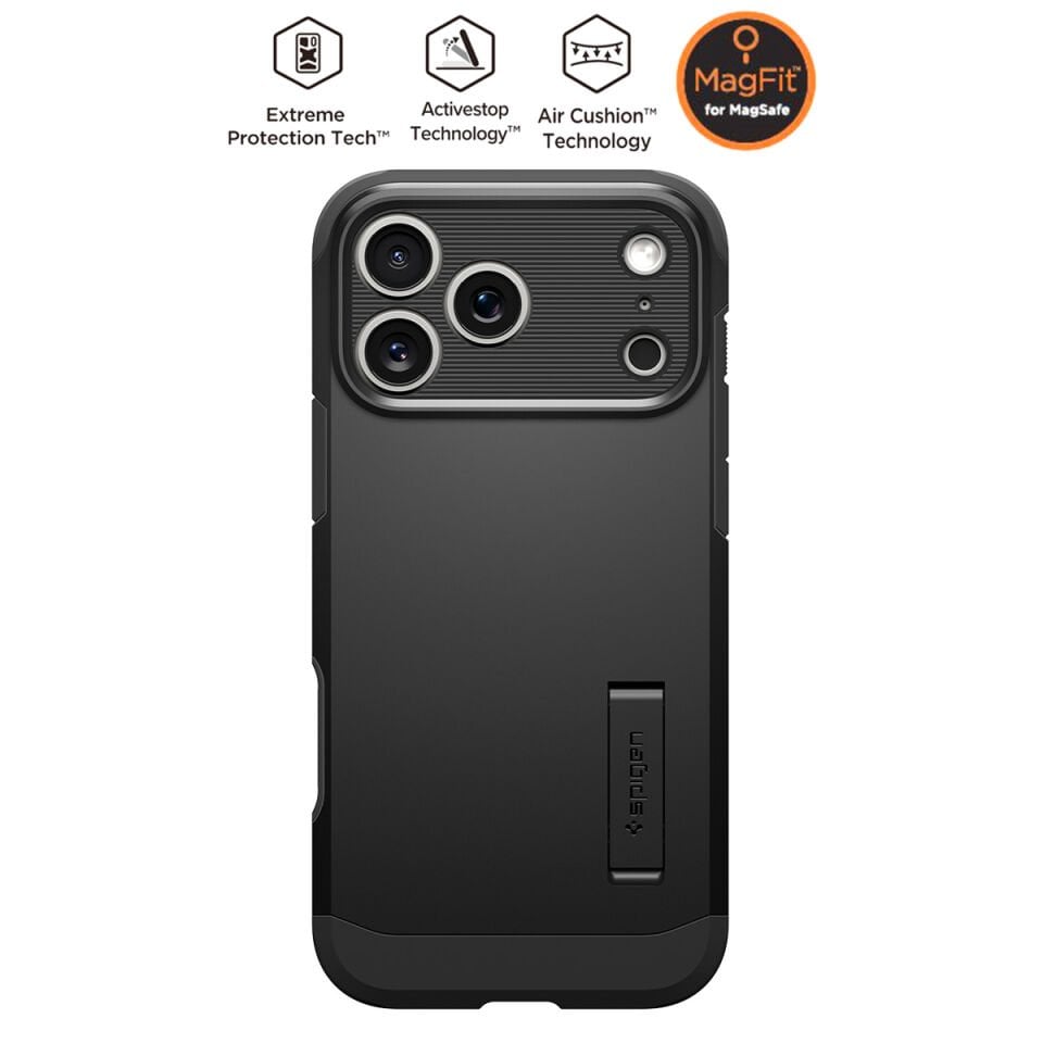 Spigen iPhone 17 Pro ile Uyumlu Ekstra Dayanıklı MagSafe Kılıf Tough Armor Ai T Force Kamera Butonu Hava Kanalı Teknolojisi™ Askeri Sınıf Koruma MagFit KickStand Çift Katman Kapak