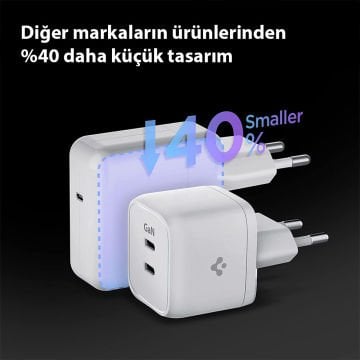 Spigen 35W GaN USB-C 2 Port Mini Güç Adaptörü - Samsung PPS Destekli Hızlı Şarj Aleti (Isı Düşürücü ve Akım Korumalı) iPhone & Android & iPad & MacBook Type-C