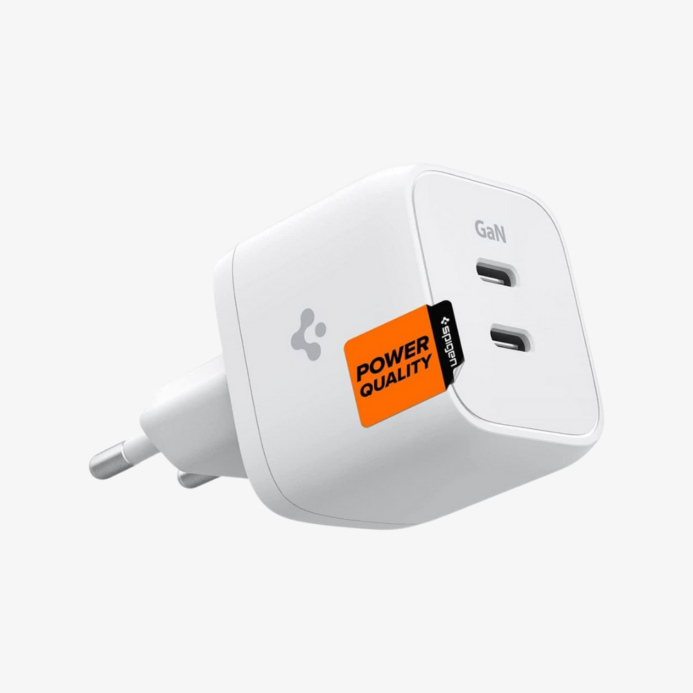 Spigen 35W GaN USB-C 2 Port Mini Güç Adaptörü - Samsung PPS Destekli Hızlı Şarj Aleti (Isı Düşürücü ve Akım Korumalı) iPhone & Android & iPad & MacBook Type-C White