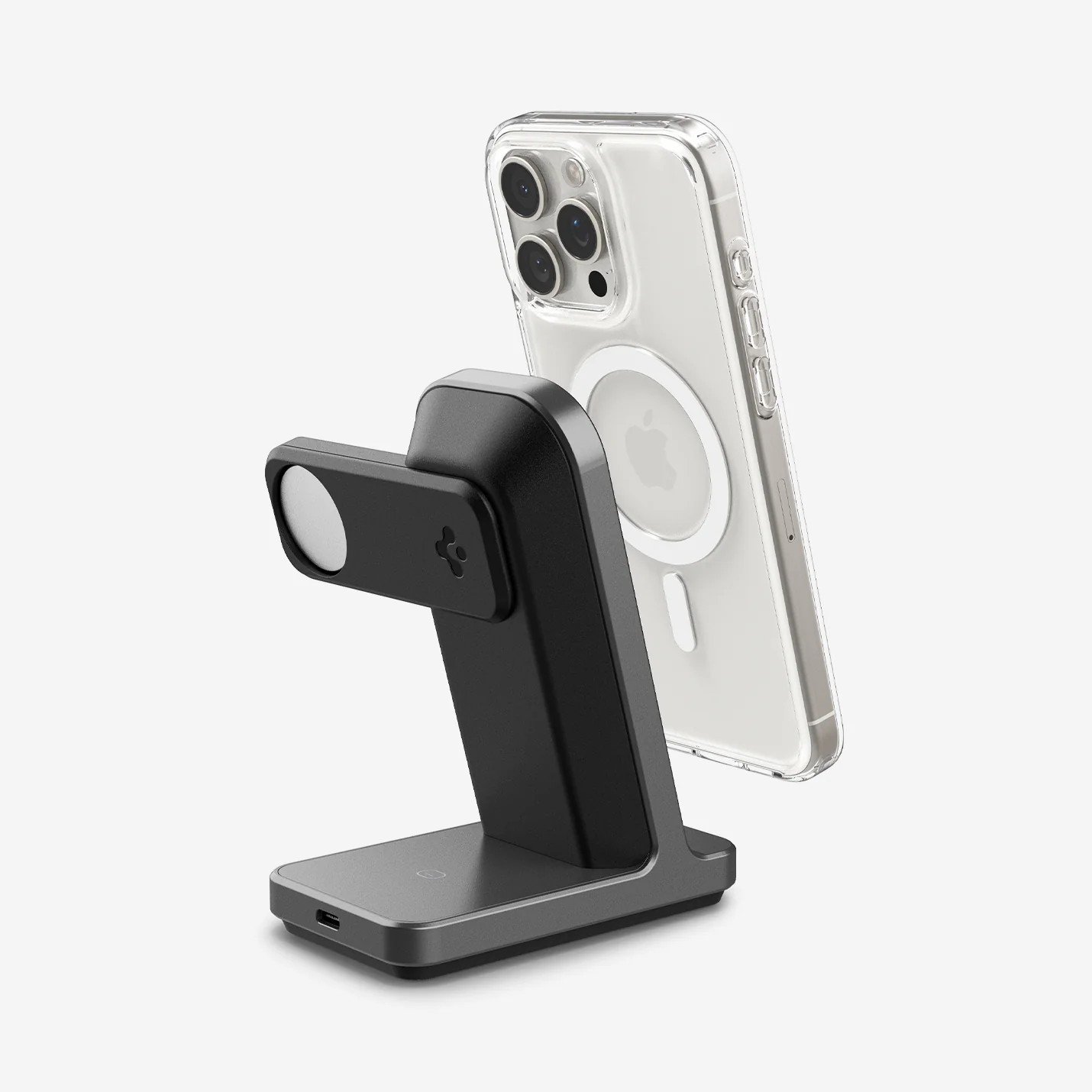 Spigen 15W 3\'ü 1 Arada Kablosuz Şarj Standı iPhone & Apple Watch & AirPods Qi2 Destekli MagSafe Özellikli MagFit OneTap Pro 3 3-in-1 Wireless Dock Gunmetal