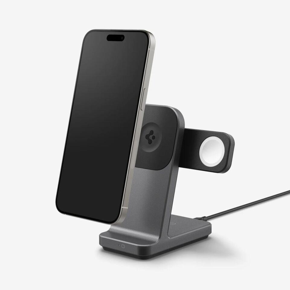 Spigen 15W 3\'ü 1 Arada Kablosuz Şarj Standı iPhone & Apple Watch & AirPods Qi2 Destekli MagSafe Özellikli MagFit OneTap Pro 3 3-in-1 Wireless Dock Gunmetal