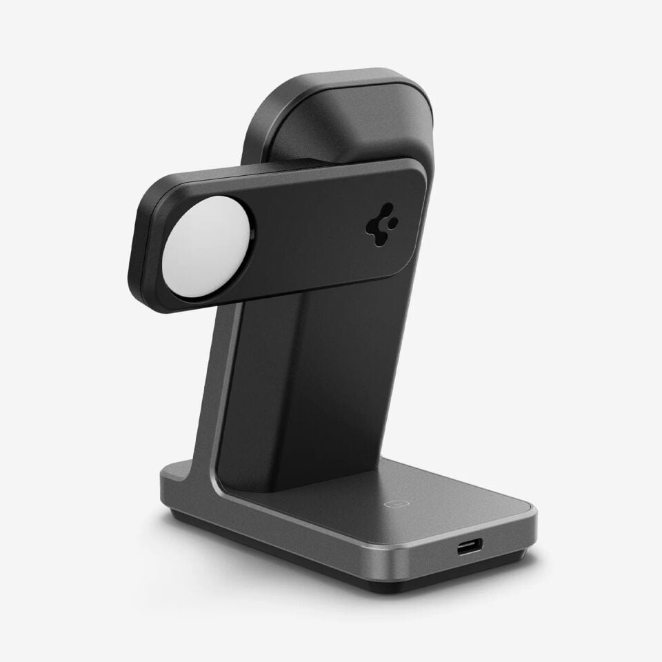 Spigen 15W 3\'ü 1 Arada Kablosuz Şarj Standı iPhone & Apple Watch & AirPods Qi2 Destekli MagSafe Özellikli MagFit OneTap Pro 3 3-in-1 Wireless Dock Gunmetal