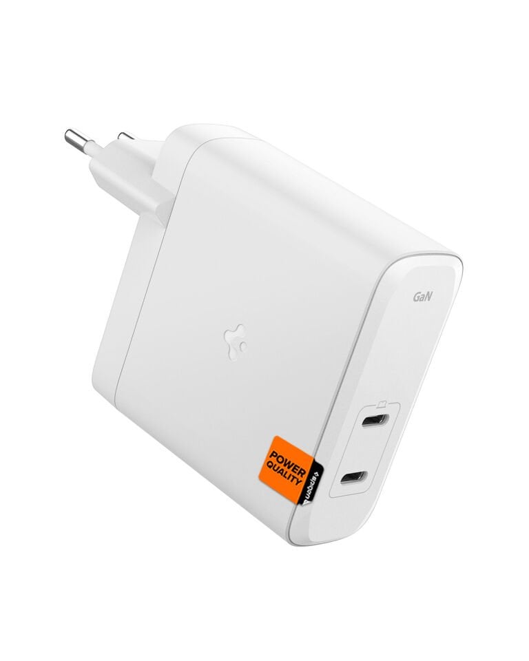 Spigen 140W USB-C 2 Port Mini Hızlı Şarj Aleti Samsung PPS 2.0 / Isı Düşürücü GaN Destekli Akım Korumalı Güç Adaptörü iPhone & Android & iPad & MacBook Type-C PE2109 White - ACH06033 White