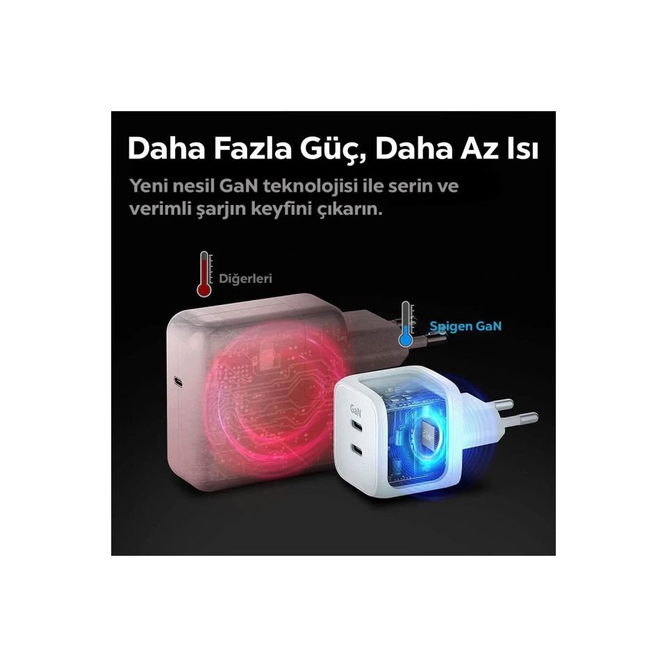 Spigen 45W GaN USB-C 2 Port Mini Güç Adaptörü - Samsung PPS 2.0 Destekli Hızlı Şarj Aleti (Isı Düşürücü ve Akım Korumalı) iPhone & Android & iPad & MacBook Type-C