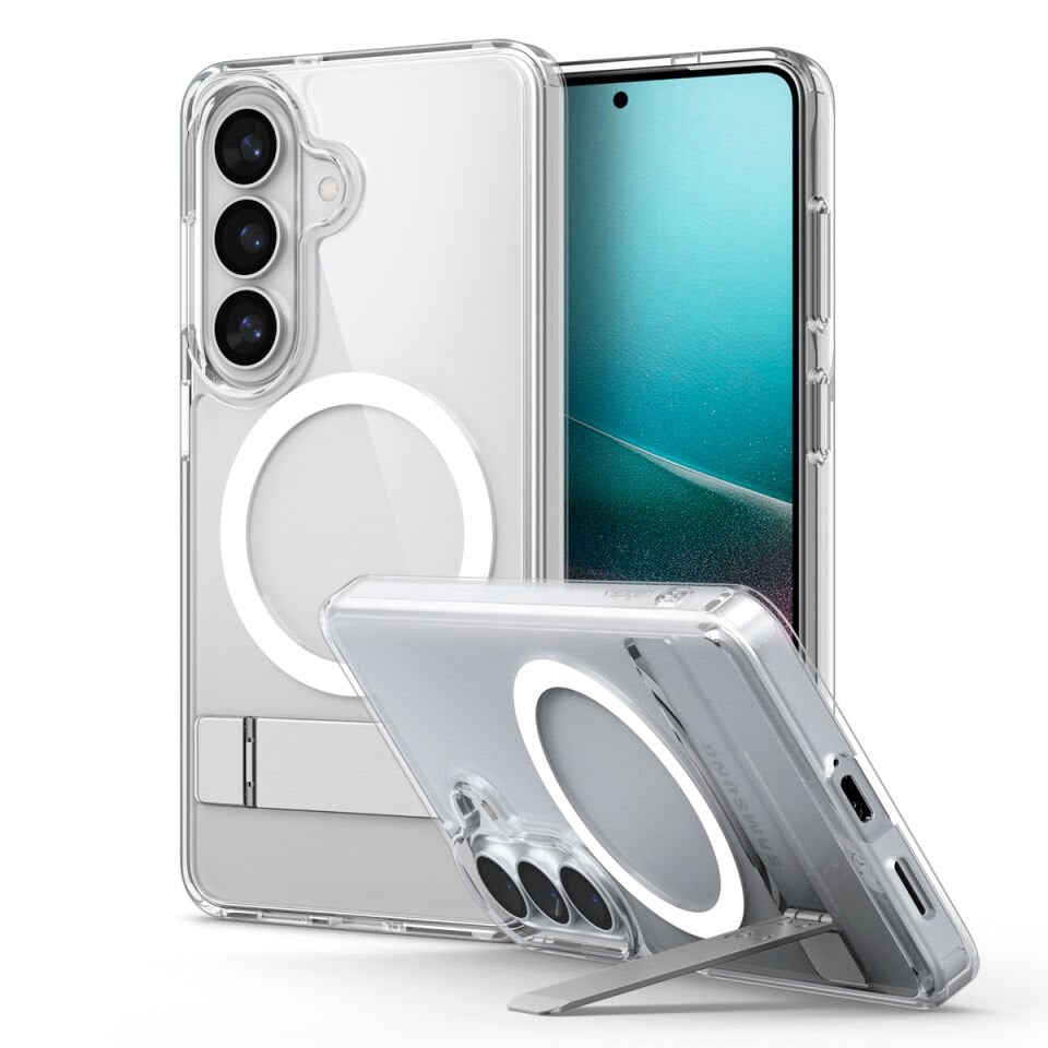 Spigen Samsung Galaxy S26 Plus ile Uyumlu ince Kılıf Ultra Hybrid S Metal Stand MagFit Sararmaya Dayanıklı DuraClear™ Hava Kanalı Teknolojisi™ Askeri Sınıf Koruma Şeffaf Kapak Clear White
